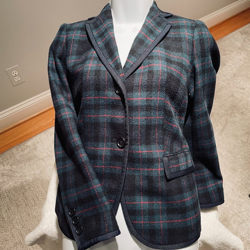 VGUC Talbots Petites Jacket, Green/Navy Plaid w/Red, Grosgrain Ribbon Trim, 4P